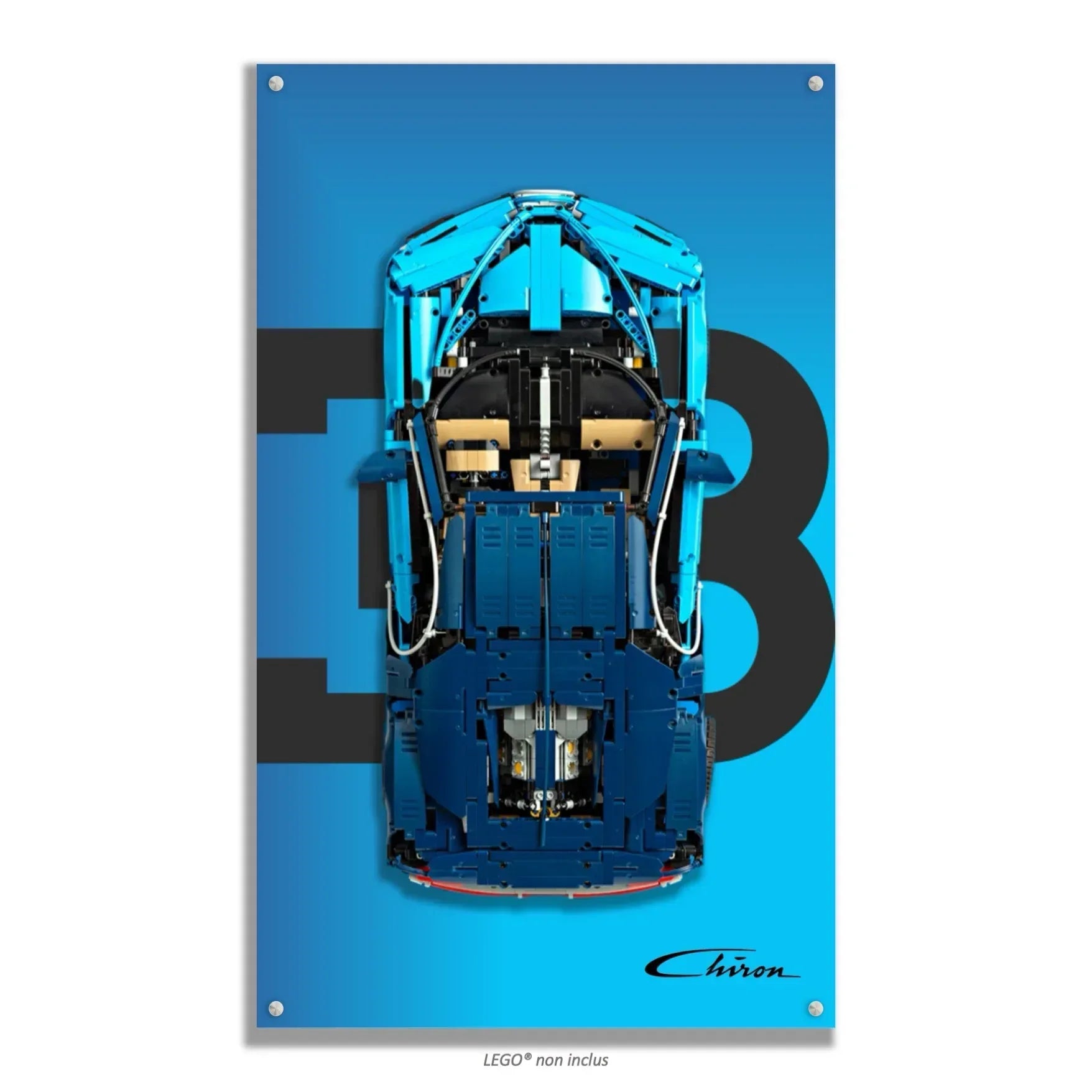 Bugatti Chiron LEGO 42083 – Style Bleu Monogramme variante signature, finition Entretoises – Fond bleu avec monogramme EB et signature Chiron, vis aux 4 coins – Tableau mural aluminium Kadris