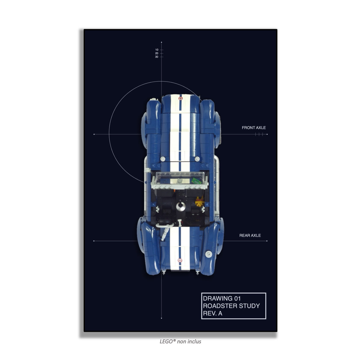 Shelby Cobra 427 S/C LEGO® 10357 – Style Draft 01 – Vue de face sans vis apparentes – Tableau mural aluminium Kadris®