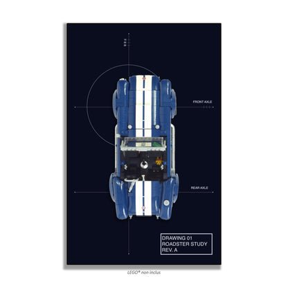 Shelby Cobra 427 S/C LEGO® 10357 – Style Draft 01 – Vue de face sans vis apparentes – Tableau mural aluminium Kadris®