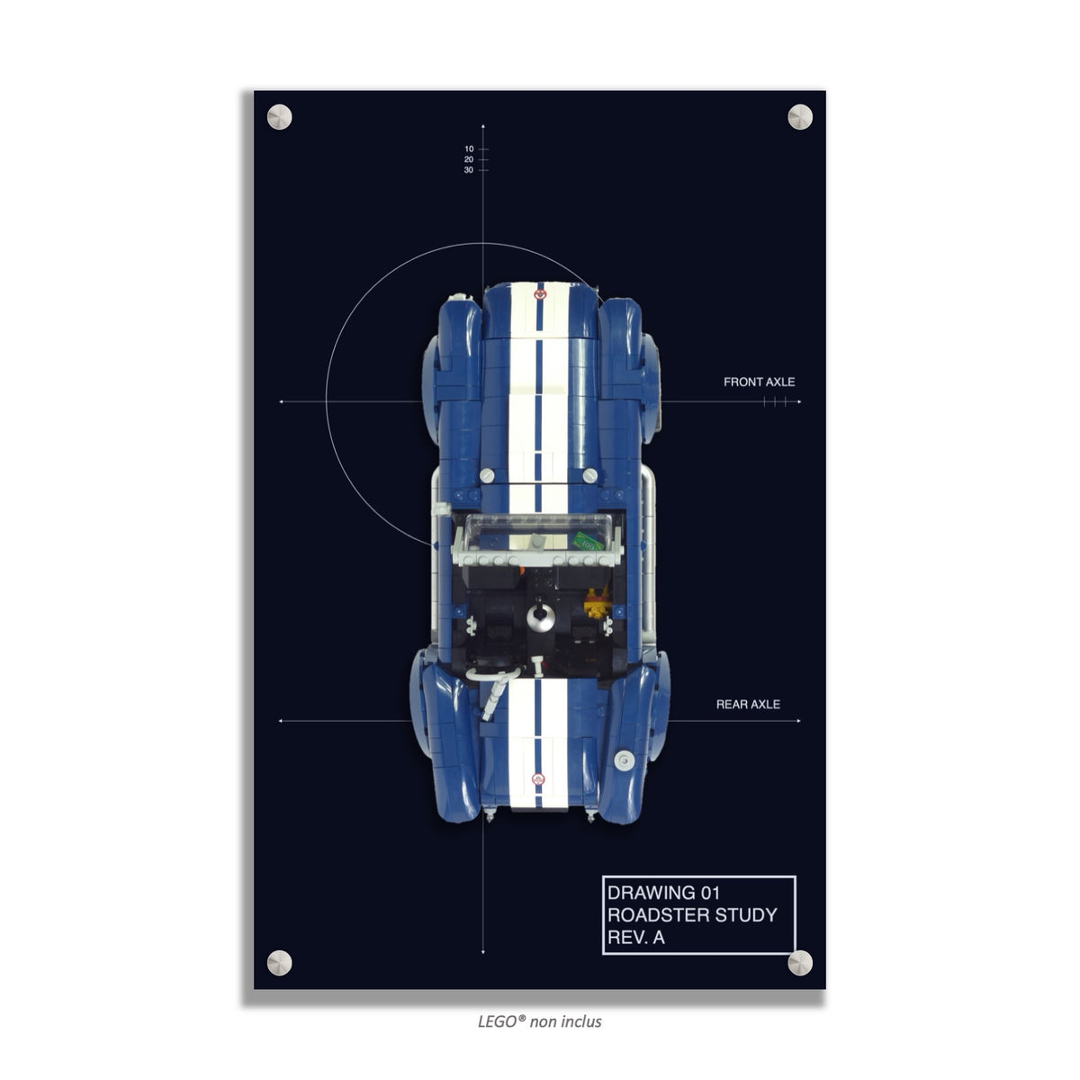 Shelby Cobra 427 S/C LEGO® 10357 – Style Draft 01 – Vue de face avec vis aux 4 coins – Tableau mural aluminium Kadris®