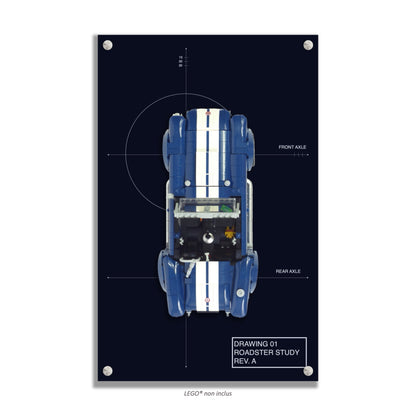 Shelby Cobra 427 S/C LEGO® 10357 – Style Draft 01 – Vue de face avec vis aux 4 coins – Tableau mural aluminium Kadris®