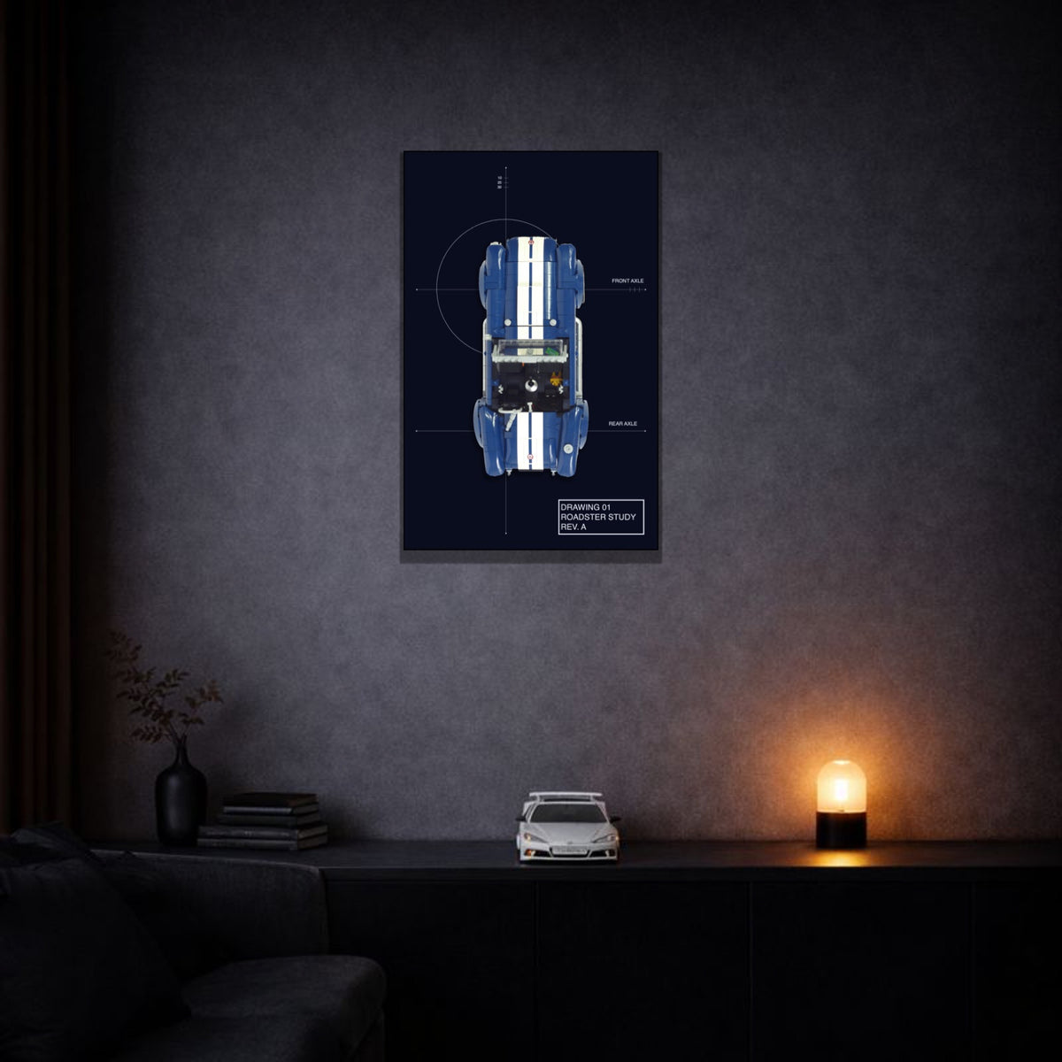 Shelby Cobra 427 S/C LEGO® 10357 – Style Draft 01 – Tableau en situation dans une pièce – Tableau mural aluminium Kadris®