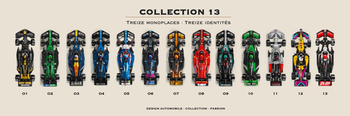 F1 Speed Champions 13 écuries LEGO® 77242-77259 – Style Collection 13 – Vue de face, set en place – Tableau mural Kadris®