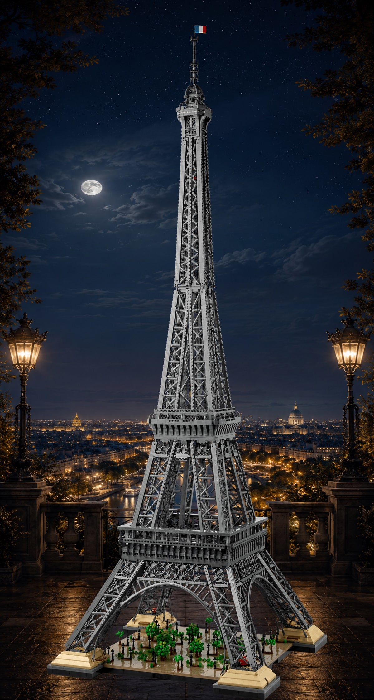 La Tour Eiffel LEGO® 10307 – Décor Paris by Night – Set LEGO® en place dans le meuble – Fond de meuble aluminium Kadris®