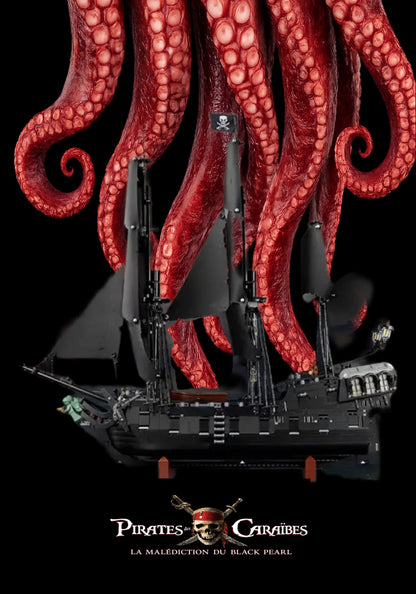 Bateau pirate Jack Sparrow LEGO Icons 10365 – Style Kraken tentacules, finition Cadre aluminium noir – fond noir tentacules rouges Kraken logo Pirates des Caraïbes – Tableau mural aluminium Kadris