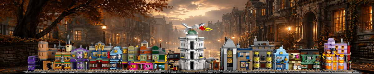Chemin de Traverse LEGO® 76444 – Décor Golden Avenue – Set LEGO® en place dans le meuble – Fond de meuble aluminium Kadris®