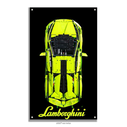 Lamborghini Sián FKP 37 LEGO 42115 – Style Fond Noir Texte Cursif, finition Entretoises – Fond noir uni avec texte Lamborghini en cursif vert fluo, vis aux 4 coins – Tableau mural aluminium Kadris
