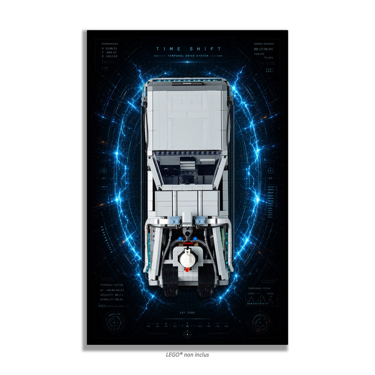 DeLorean Retour vers le Futur LEGO® 10300 – Style TIME SHIFT – Vue rapprochée du produit – Tableau mural aluminium Kadris®
