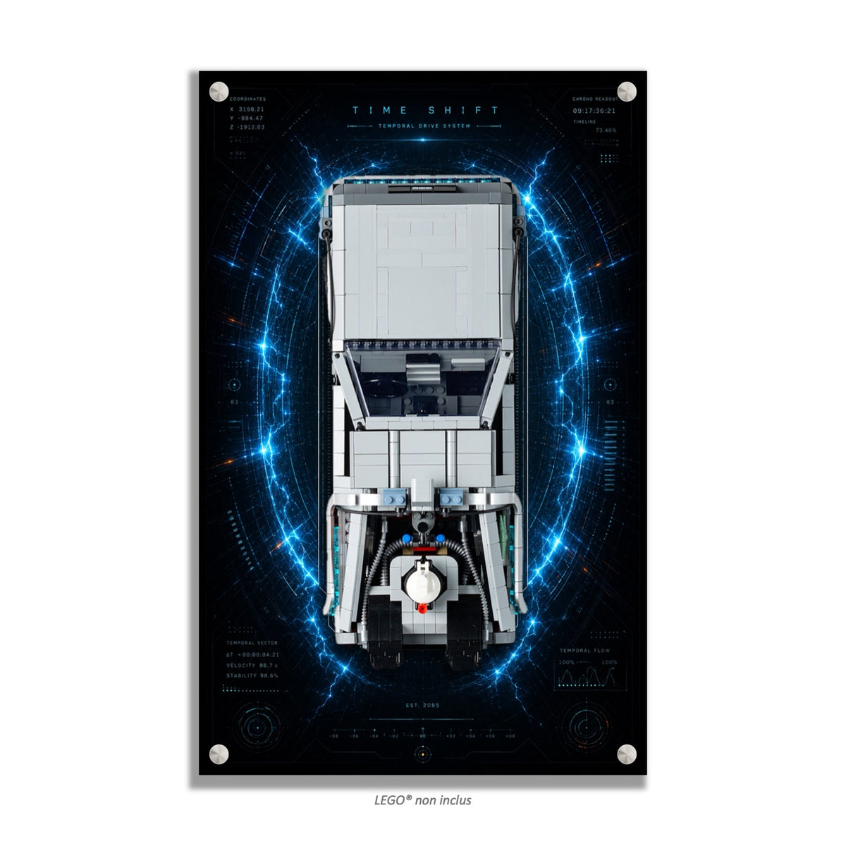 DeLorean Retour vers le Futur LEGO® 10300 – Style TIME SHIFT – Autre angle de présentation – Tableau mural aluminium Kadris®