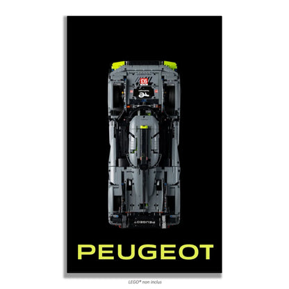 Peugeot 9X8 LEGO 42156 – Style Texte Peugeot, finition Cadre aluminium noir – Fond noir uni avec texte PEUGEOT en bas, sans vis apparentes – Tableau mural aluminium Kadris