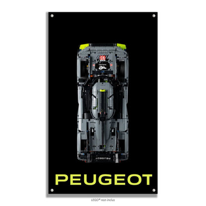 Peugeot 9X8 LEGO 42156 – Style Texte Peugeot, finition Entretoises – Fond noir uni avec texte PEUGEOT en bas, vis aux 4 coins – Tableau mural aluminium Kadris
