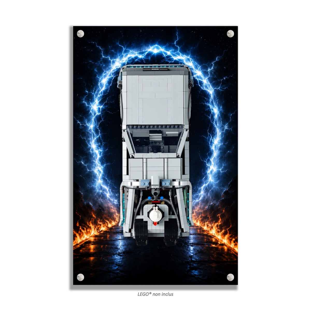 DeLorean Retour vers le Futur LEGO® 10300 – Style BEYOND TIME – Vue de face du tableau – Tableau mural aluminium Kadris®