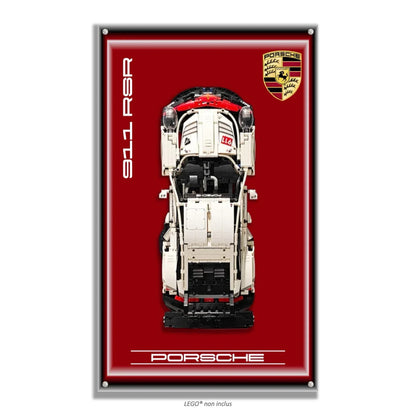 Porsche 911 RSR LEGO 42096 – Style Fond Rouge, finition Entretoises – Vue de face avec vis aux 4 coins – Tableau mural aluminium Kadris