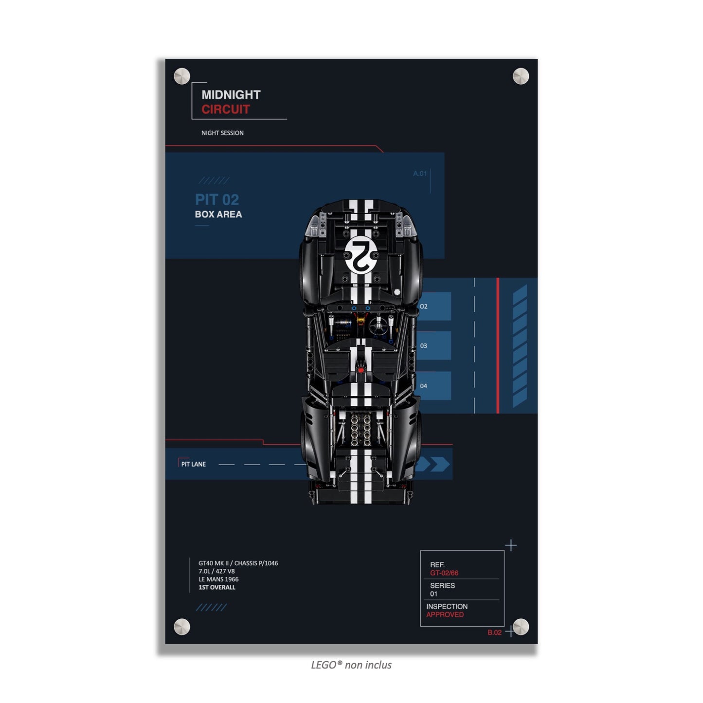 Tableaux muraux pour LEGO® Technic La voiture de course 1966 Ford GT40 MKII 42223, 3 styles, 3 finitions