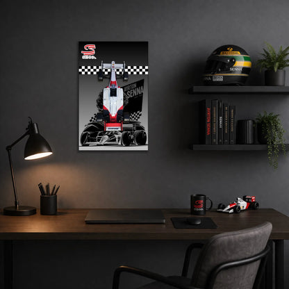 McLaren MP4/4 Ayrton Senna LEGO 10330 – Style Tribute Sombre – Photo installée au mur dans un bureau avec mémorabilia Senna – Tableau mural aluminium Kadris