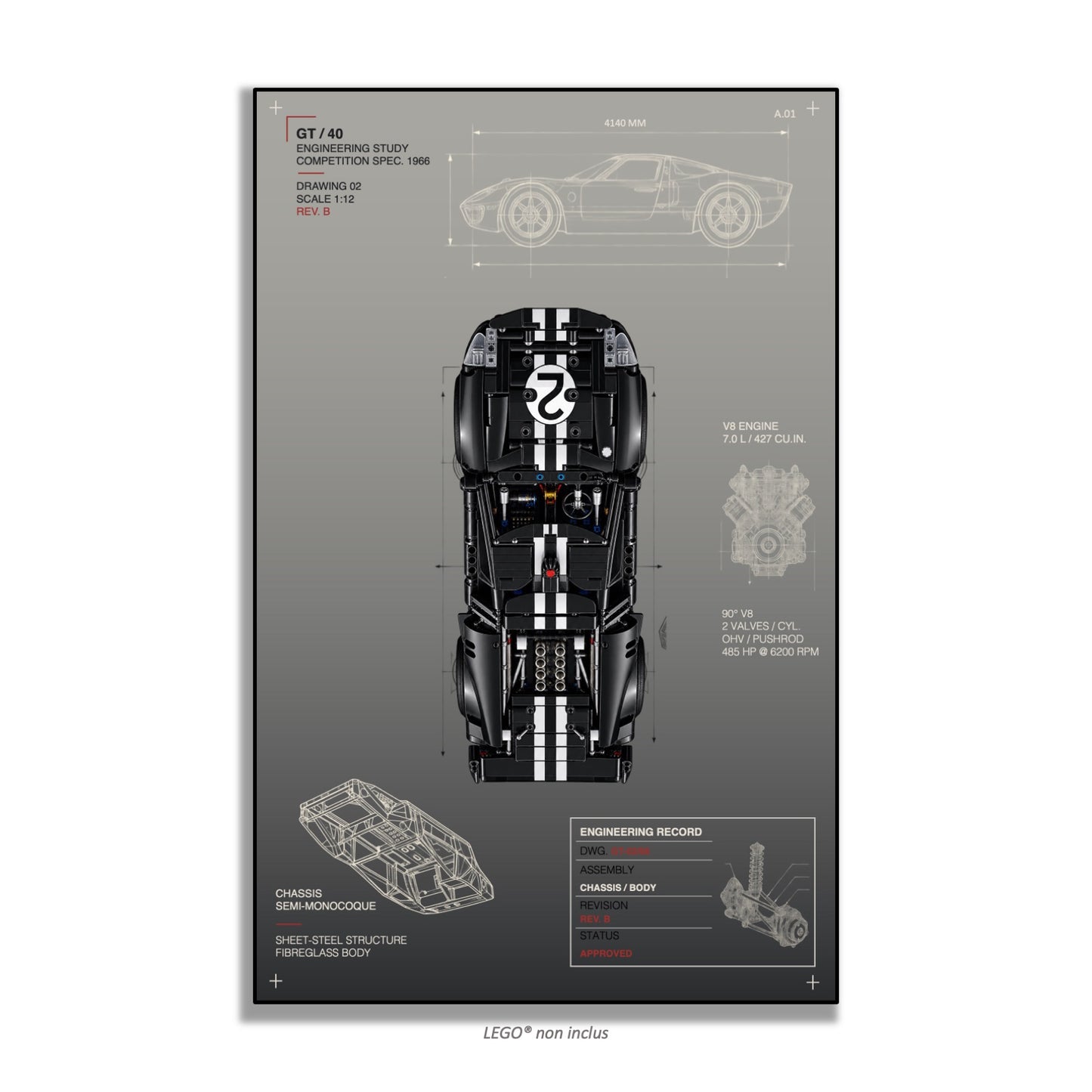 Tableaux muraux pour LEGO® Technic La voiture de course 1966 Ford GT40 MKII 42223, 3 styles, 3 finitions
