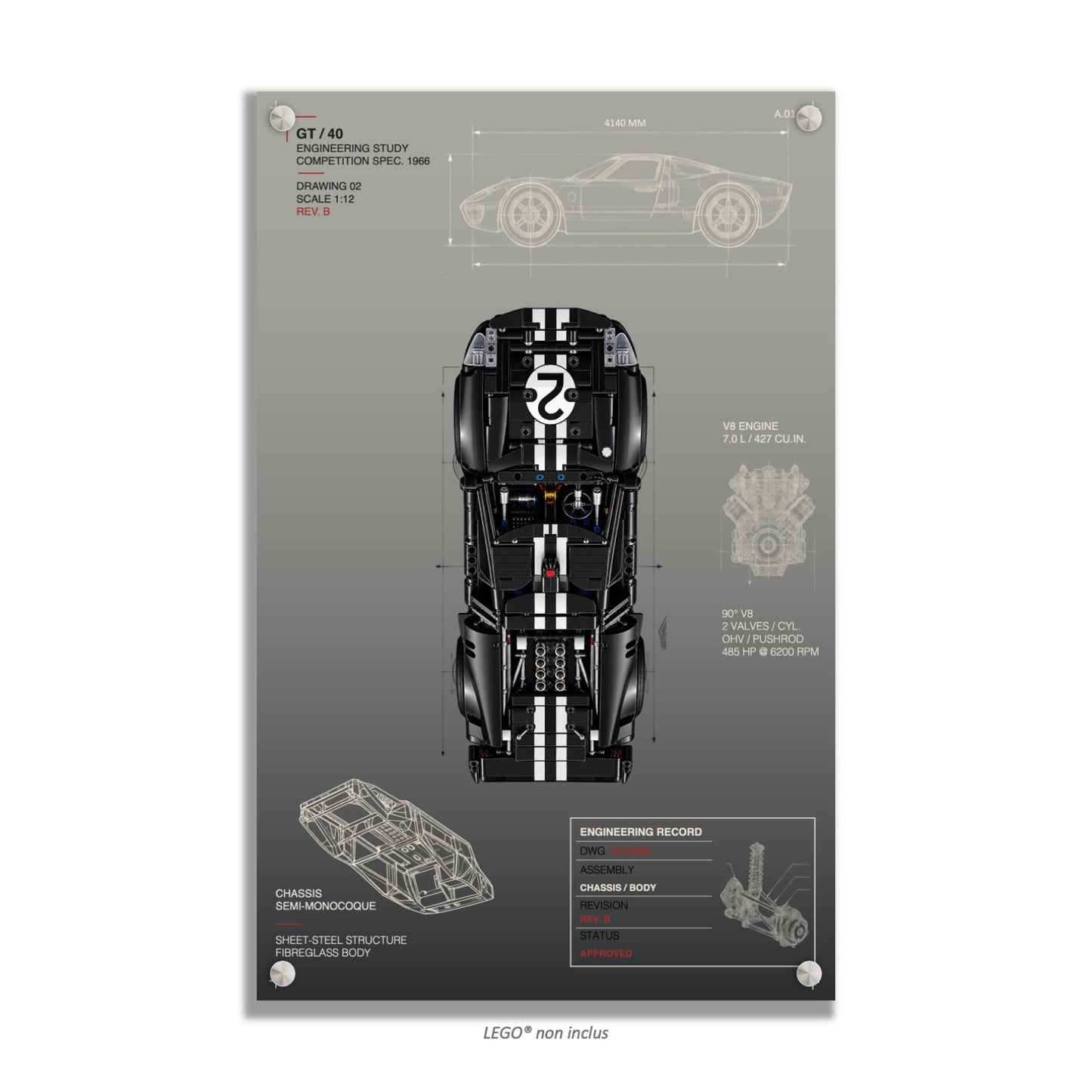 Tableaux muraux pour LEGO® Technic La voiture de course 1966 Ford GT40 MKII 42223, 3 styles, 3 finitions