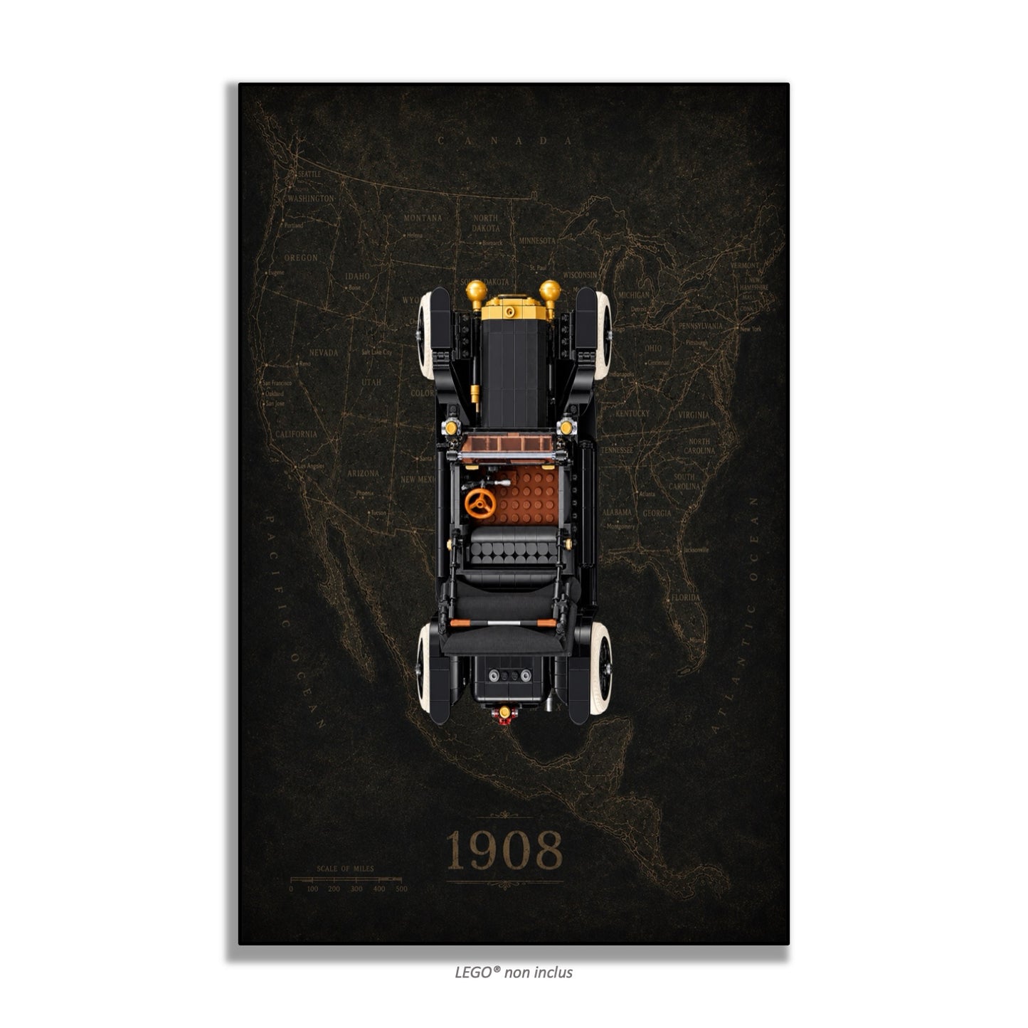 Tableau mural Kadris® pour LEGO® Icons Ford Model T 11376, style The Open Road — 1908, finition cadre aluminium noir