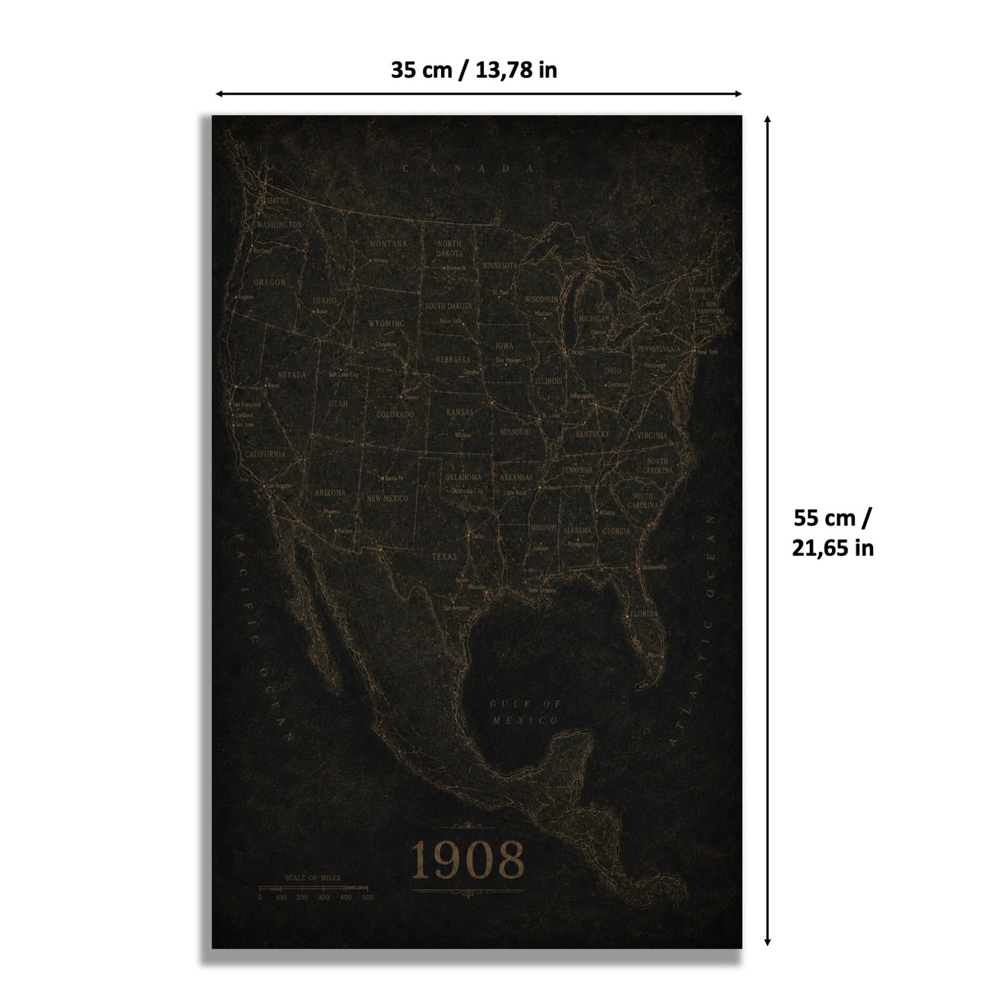 Tableau mural Kadris® pour LEGO® Icons Ford Model T 11376, style The Open Road — 1908, schéma des dimensions 55 x 35 cm