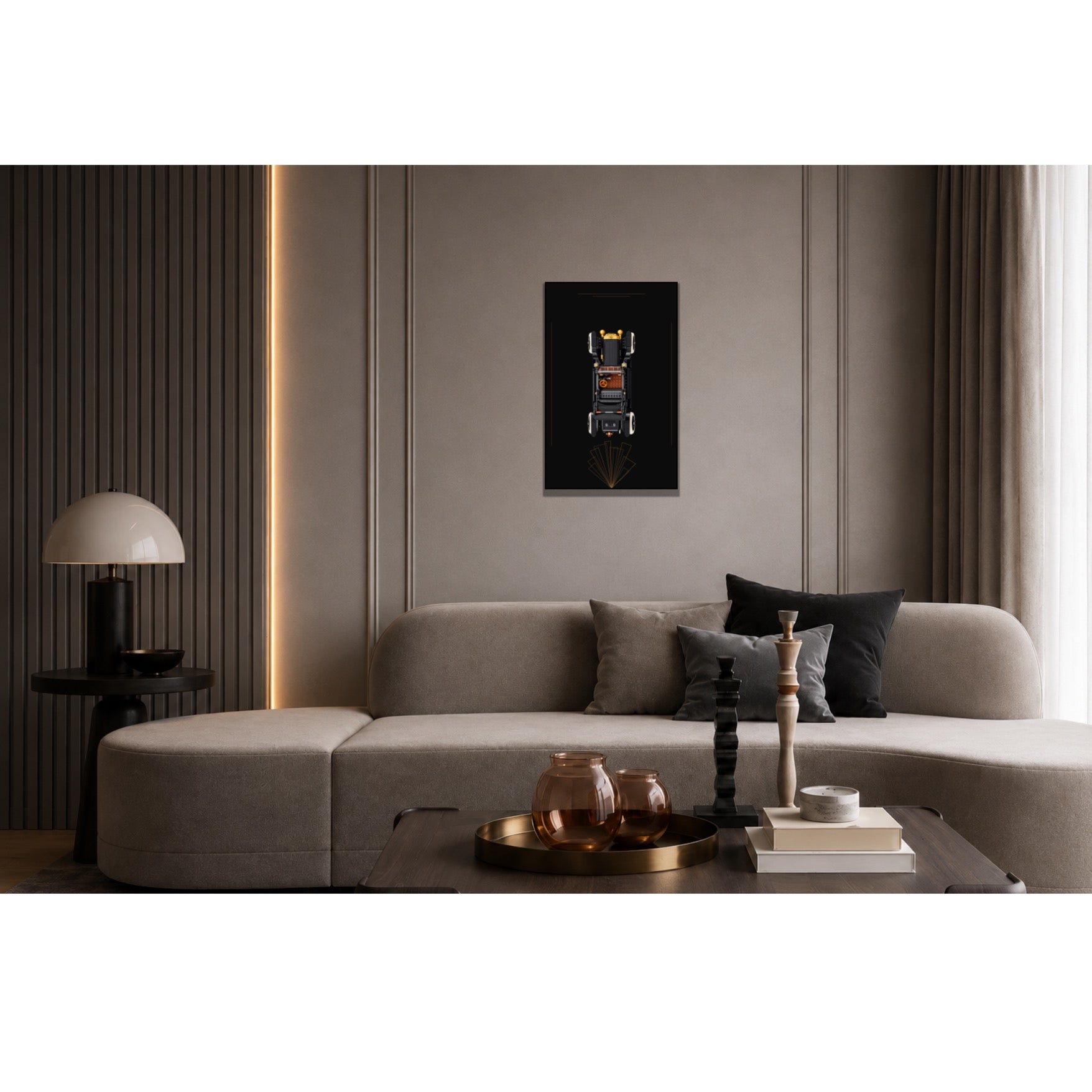 Tableau mural Kadris® pour LEGO® Icons Ford Model T 11376, style Golden Era, accroché dans un salon contemporain