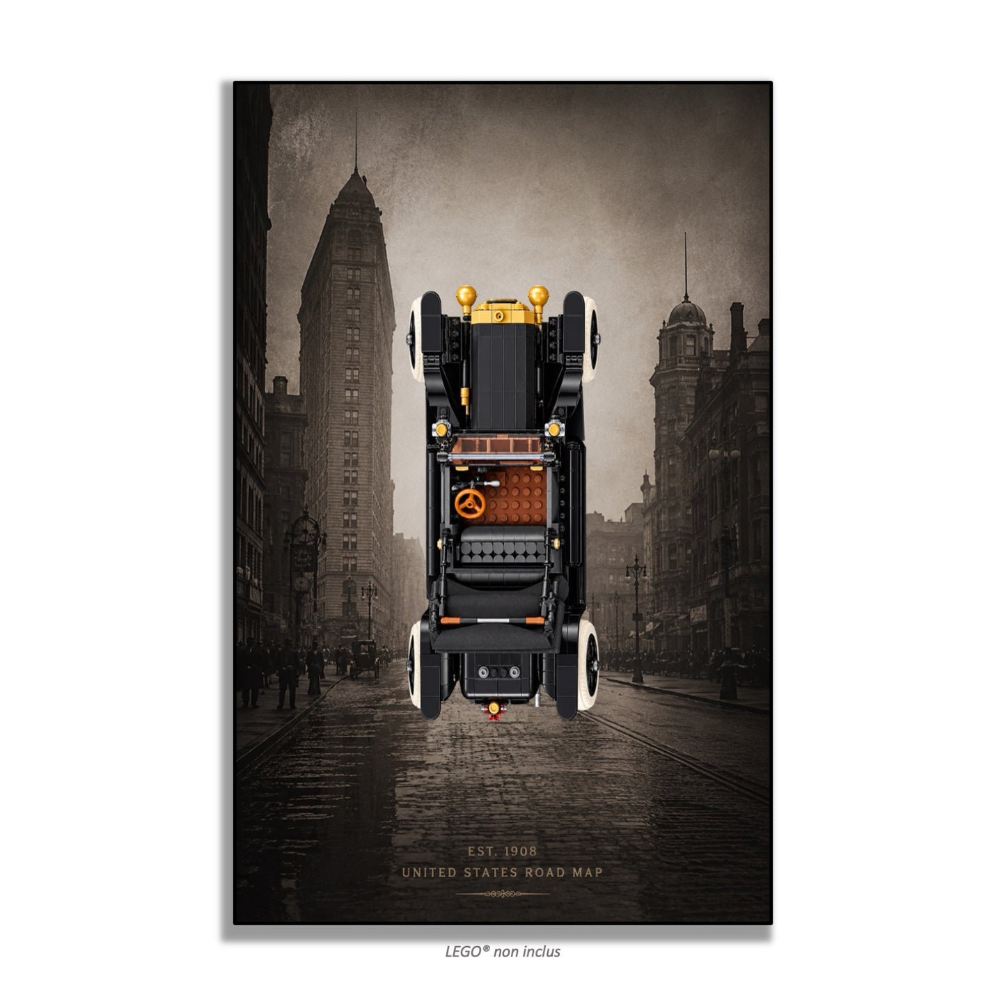 Tableau mural Kadris® pour LEGO® Icons Ford Model T 11376, style Streets of 1908, finition cadre aluminium noir