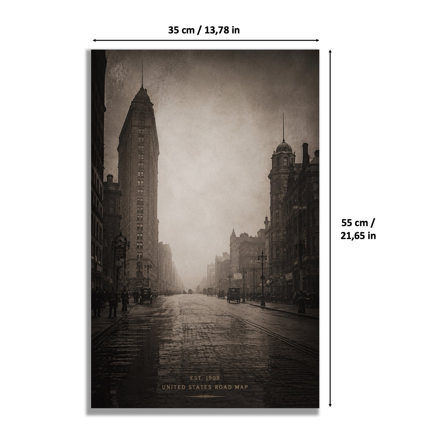Tableau mural Kadris® pour LEGO® Icons Ford Model T 11376, style Streets of 1908, schéma des dimensions 55 x 35 cm