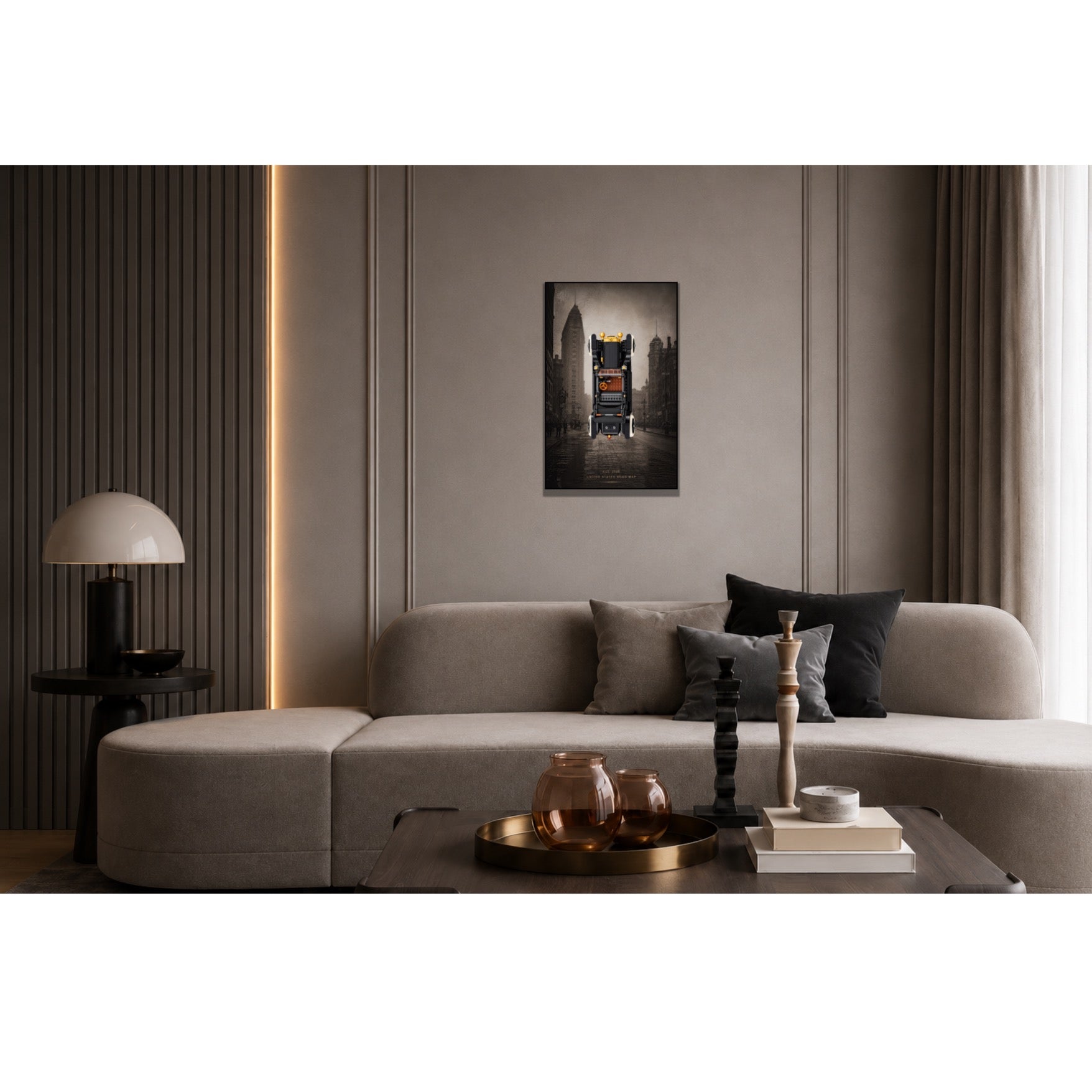 Tableau mural Kadris® pour LEGO® Icons Ford Model T 11376, style Streets of 1908, accroché dans un salon contemporain