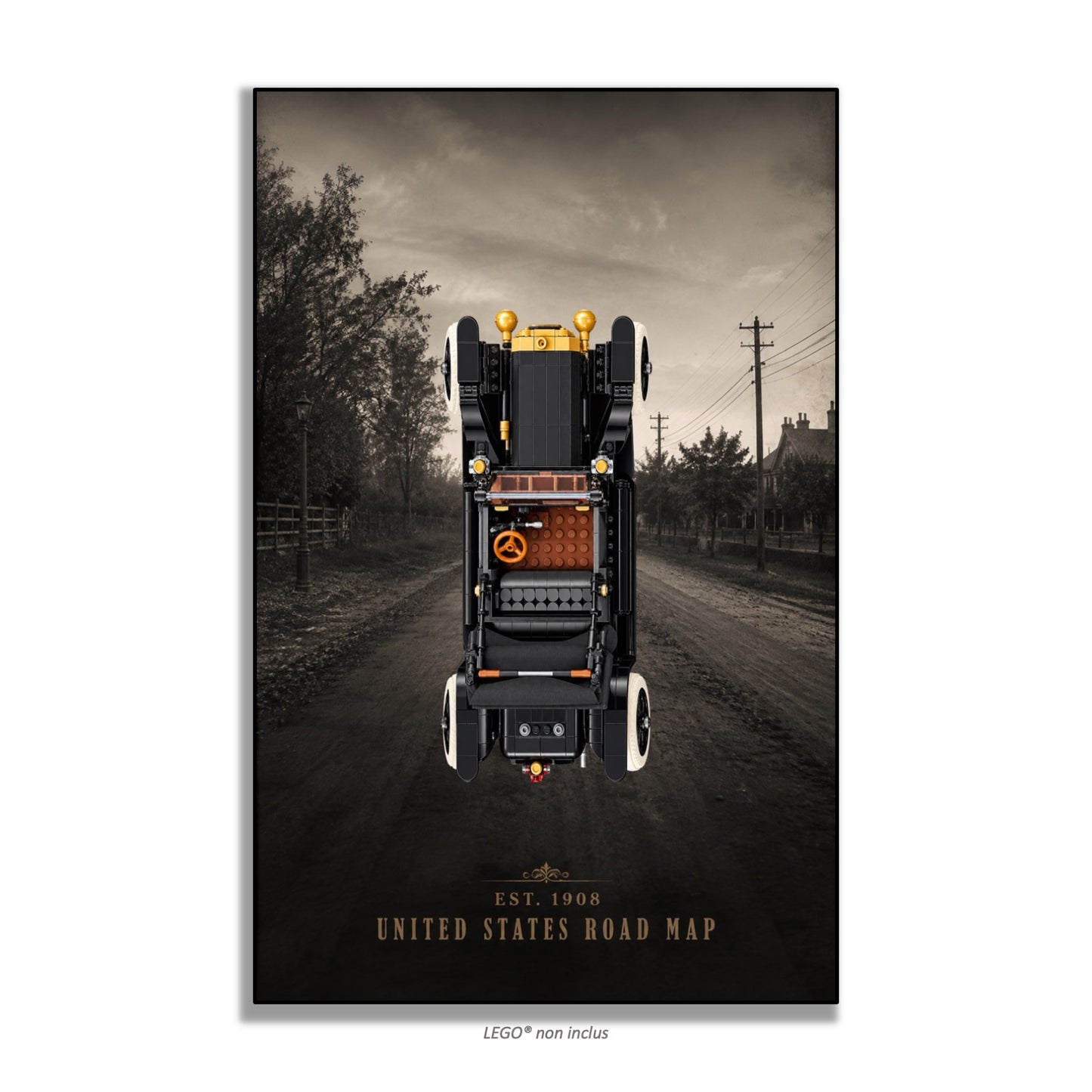 Tableau mural Kadris® pour LEGO® Icons Ford Model T 11376, style Backroads — 1908, finition cadre aluminium noir