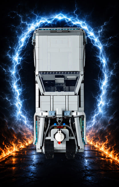 DeLorean Retour vers le Futur LEGO® 10300 – Style ARRIVAL POINT – Vue de face, set en place – Tableau mural aluminium Kadris®