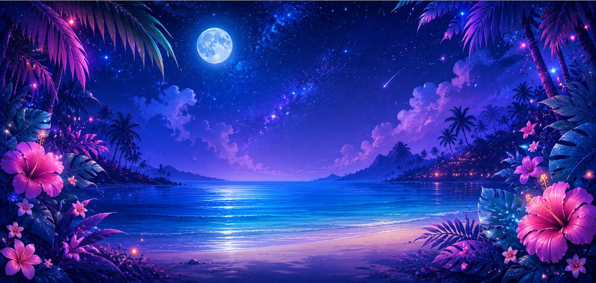 Lilo et Stitch LEGO® 43268 et 43296 – Décor Tropical Moonlight – Visuel du décor seul – Fond de meuble aluminium Kadris®
