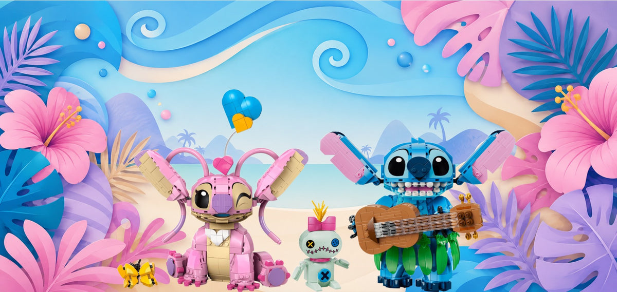 Stitch et Angel LEGO® 43296 et 43257 – Décor Plage pastel – Set en place dans le meuble – Fond de meuble aluminium Kadris®