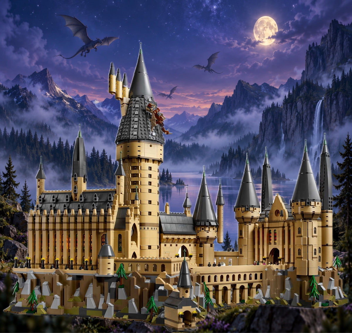 Château de Poudlard LEGO® 71043 – Décor Le Songe des Montagnes – Set en place – Fond de meuble aluminium Kadris®