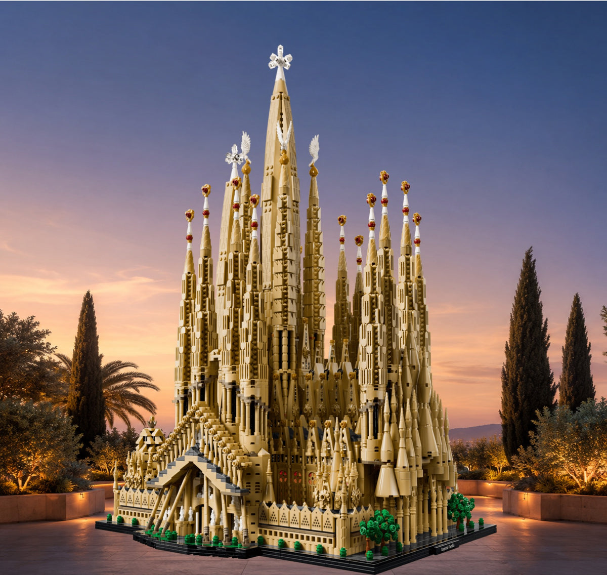 La Sagrada Família LEGO® 21065 – Décor Terrasse au coucher du soleil – Set en place – Fond de meuble aluminium Kadris®