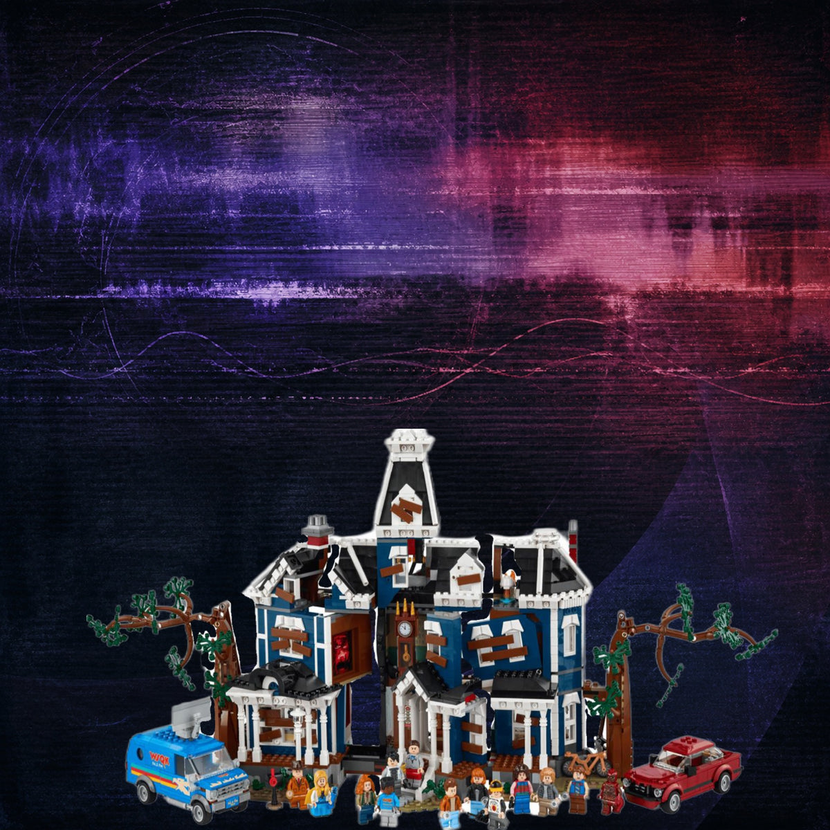Stranger Things Maison Creel LEGO® 11370 – Décor Red Blue Glitch – Set en place – Fond de meuble aluminium Kadris®