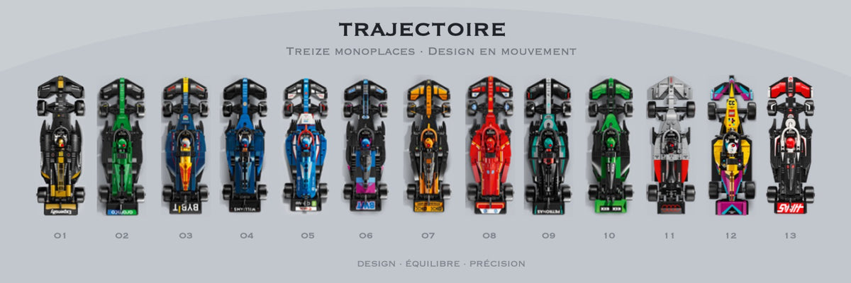 F1 Speed Champions 13 écuries LEGO® 77242-77259 – Style Trajectoire – Vue de face, set en place – Tableau mural Kadris®