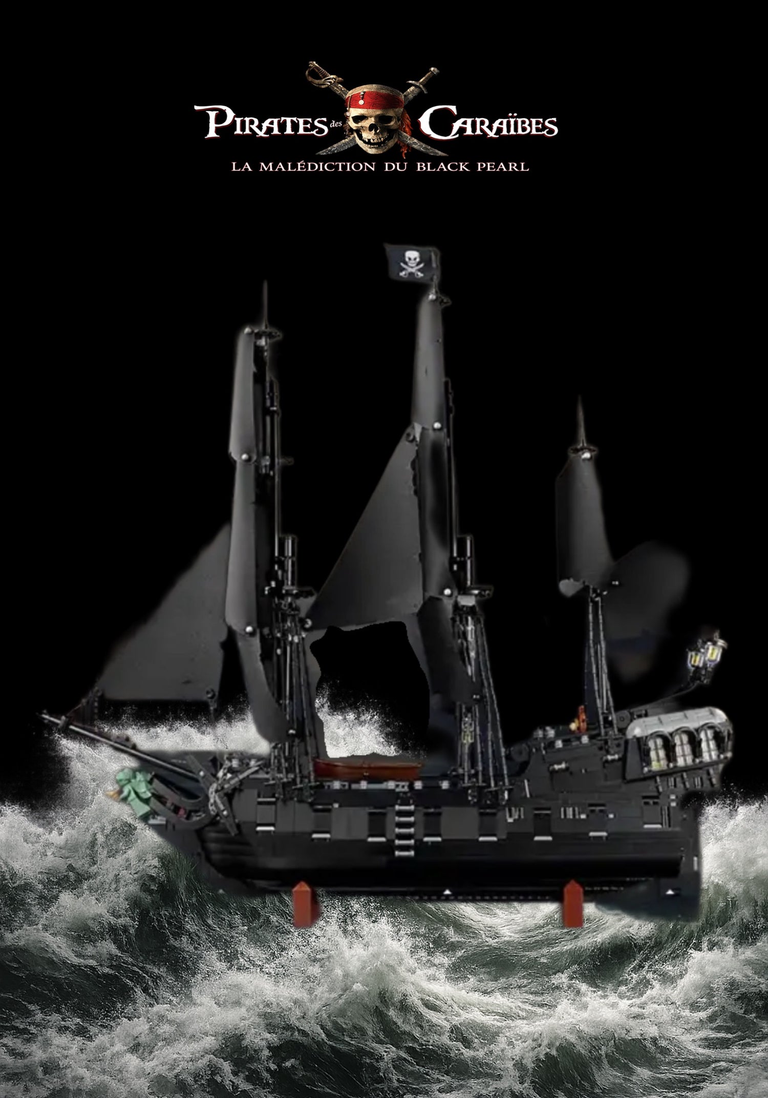 Bateau pirate Jack Sparrow LEGO Icons 10365 – Style Tempête noire, finition Cadre aluminium noir – fond noir mer agitée logo Pirates des Caraïbes – Tableau mural aluminium Kadris