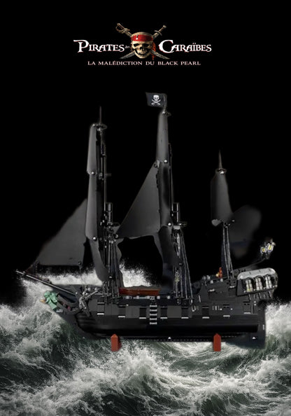 Bateau pirate Jack Sparrow LEGO Icons 10365 – Style Tempête noire, finition Cadre aluminium noir – fond noir mer agitée logo Pirates des Caraïbes – Tableau mural aluminium Kadris