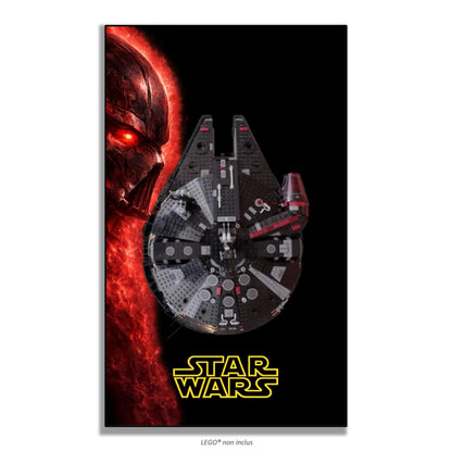 Faucon Millennium Noir LEGO 75389 – Style Visage Rouge, finition Cadre aluminium noir – Visage extraterrestre rouge en filigrane, sans vis apparentes – Tableau mural aluminium Kadris