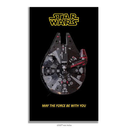 Faucon Millennium Noir LEGO 75389 – Style Fond Noir MTFBWY, finition Cadre aluminium noir – Fond noir avec texte May The Force Be With You, sans vis apparentes – Tableau mural aluminium Kadris