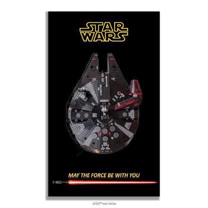 Faucon Millennium Noir LEGO 75389 – Style Fond Noir Sabre Laser, finition Cadre aluminium noir – Fond noir avec sabre laser rouge, sans vis apparentes – Tableau mural aluminium Kadris