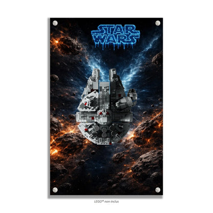 Faucon Millenium LEGO 75375 – Style Champ de météorites, finition Entretoises – vue cadre entier sur fond spatial – Tableau mural aluminium Kadris