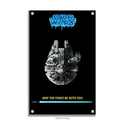 Faucon Millenium LEGO 75375 – Style May the Force, finition Entretoises – vaisseau centré fond noir sabre laser – Tableau mural aluminium Kadris