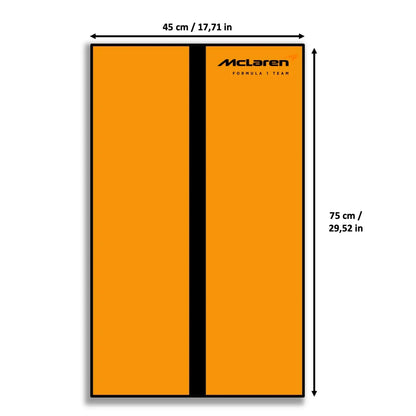 F1 McLaren LEGO 42141 – Style Orange Ligne Noire – Visuel des dimensions 45x75cm – Tableau mural aluminium Kadris