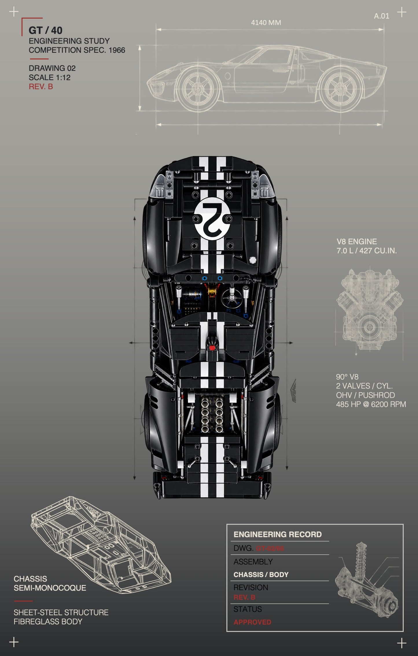 Tableaux muraux pour LEGO® Technic La voiture de course 1966 Ford GT40 MKII 42223, 3 styles, 3 finitions