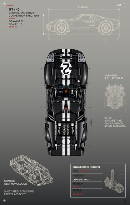 Tableaux muraux pour LEGO® Technic La voiture de course 1966 Ford GT40 MKII 42223, 3 styles, 3 finitions