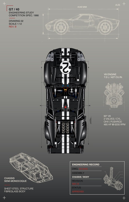 Tableaux muraux pour LEGO® Technic La voiture de course 1966 Ford GT40 MKII 42223, 3 styles, 3 finitions