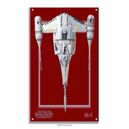 Chasseur N-1 du Mandalorien LEGO 75442 – Style Rouge N-1, finition Entretoises – vaisseau sur fond rouge logo Star Wars – Tableau mural aluminium Kadris