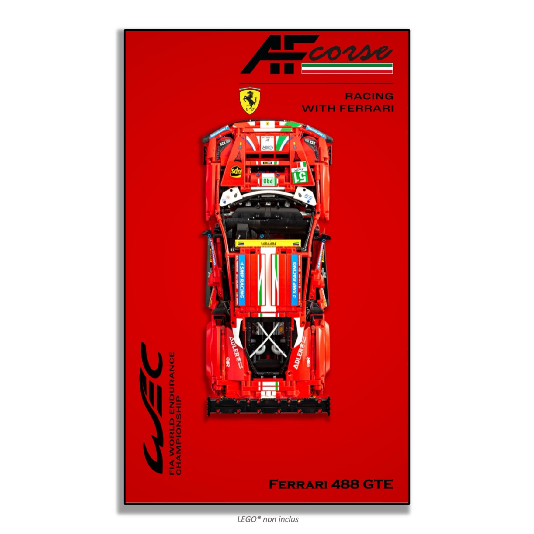 Ferrari 488 GTE AF Corse #51 LEGO Technic 42125 – Style Rouge AF Corse, finition Entretoises – fond rouge logo AF Corse Ferrari WEC – Tableau mural aluminium Kadris