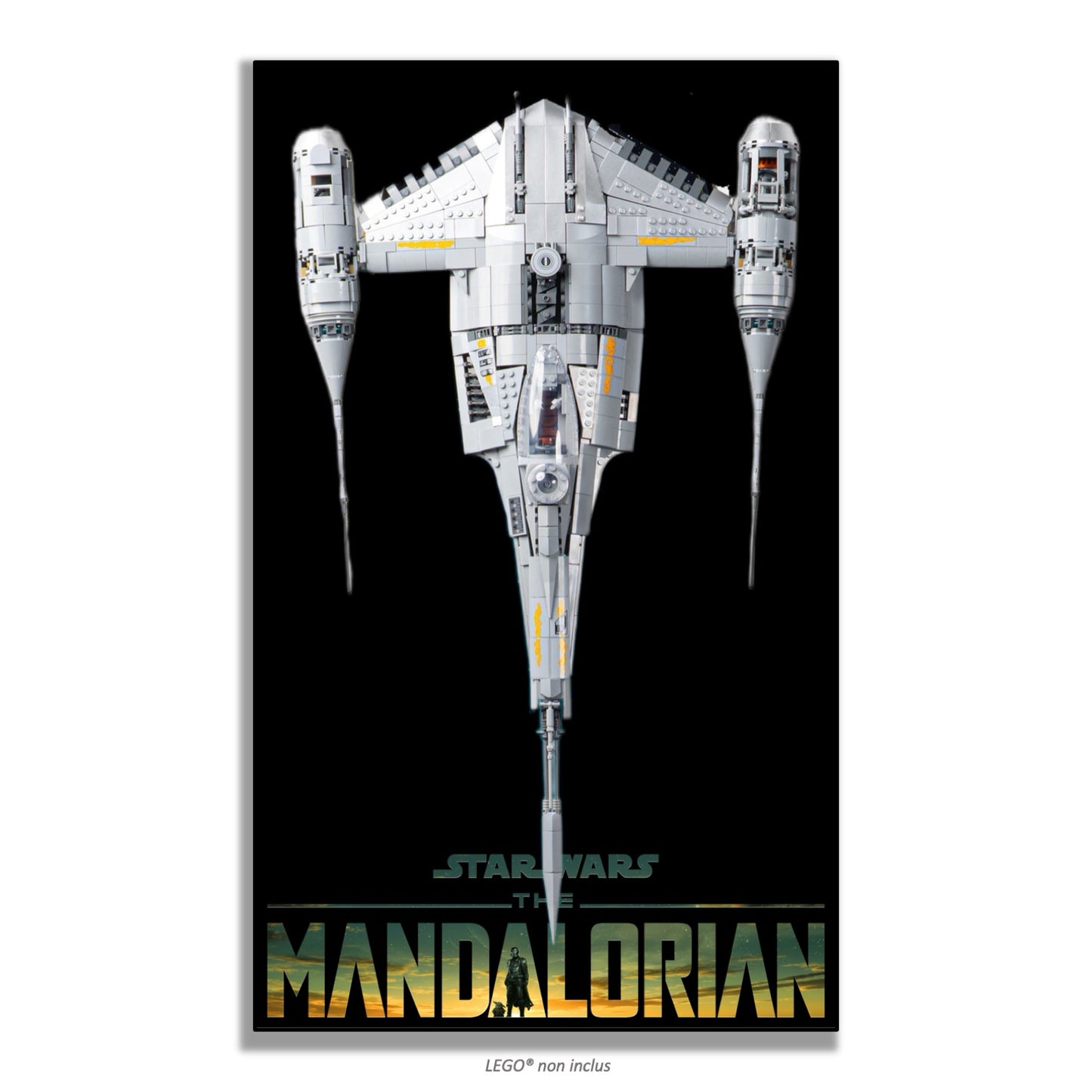 Chasseur N-1 du Mandalorien LEGO 75442 – Style Mandalorian noir, finition Cadre aluminium noir – fond noir logo THE MANDALORIAN doré en bas – Tableau mural aluminium Kadris