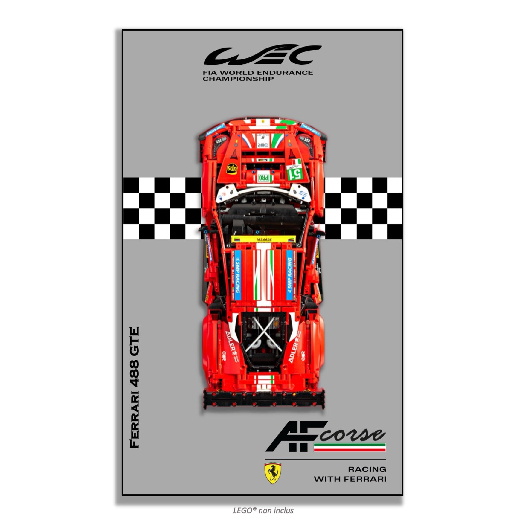 Ferrari 488 GTE AF Corse #51 LEGO Technic 42125 – Style Gris WEC damier, finition Entretoises – fond gris bande damier centrale logos WEC AF Corse – Tableau mural aluminium Kadris